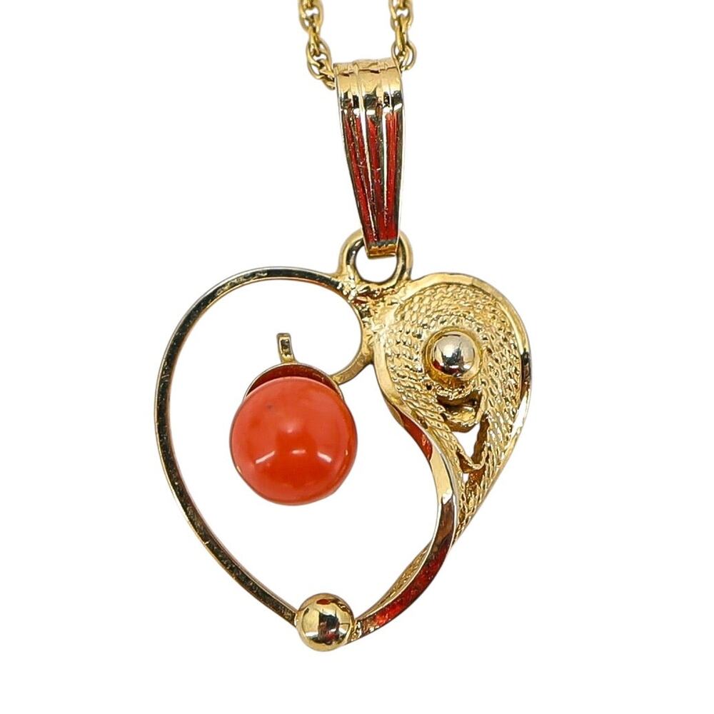 Vintage Gold Filled Heart Necklace W Coral Signed Sorrento Pendant, W.E.H. Chain
